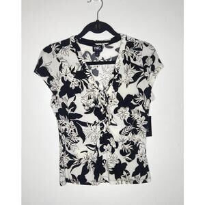 INC International Concepts Blouse Womens Small Black White Floral Lace Up V-Neck